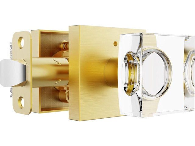 Brushed Gold Door Knob Privacy Crystal Glass Interior Lock, Satin Brass Modern Square Bedroom Bathroom Lockable Door Handle
