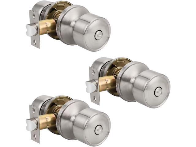 3 Pack Indoor Keyless Door Locks for Bedrooms, Privacy Bathroom Interior Door Knob with Lock in Satin Nickel, Privacy Modern Door Handle Interior.