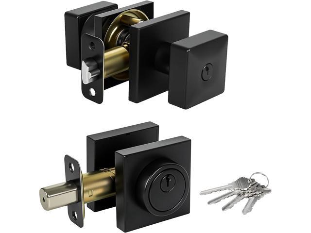 Square Black Door Knob and Deadbolt Lock,Single Cylinder Deadbolt Lock and Door Knob Set, Keyed Alike Eexterior Door Locks for Front Door (Matte.