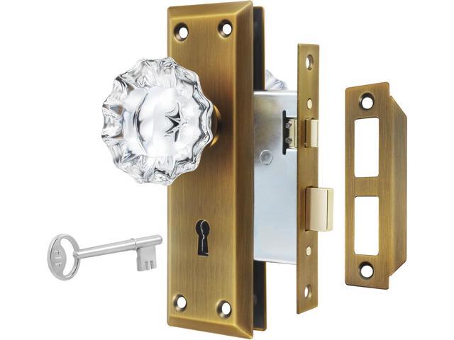 Upgraded Mortise Lock Set for Interior Door, Antique Brass Crystal Glass Door Knobs with Lock and Skeleton Key, Old Style Door Knobs Reversible for.