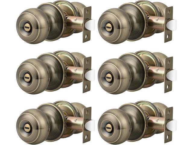 Probrico 6 Pack Privacy Door Knobs Lock Interior Bedroom Bathroom Door Handle Antique Brass Round Ball Keyless Lockset