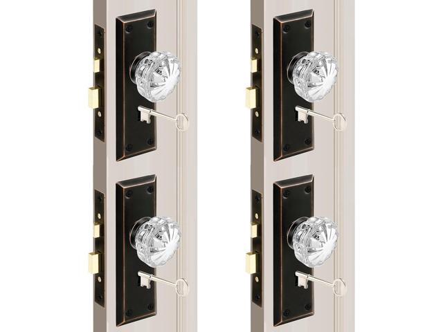 Antique Mortise Keyed Lock Set with Fluted Glass Knobs and Skeleton Keys, Fits 1-3/8'-1-3/4' Interior Doors, Backset 2-3/8', Oil Rubbed Bronze, 4 Pack