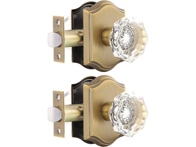 Gobrico Clear Glass Crystal Passage Door Knobs,Antique Brass Interior Crystal Door Handles for Hall Closet,2 Pack Keyless Door Lock