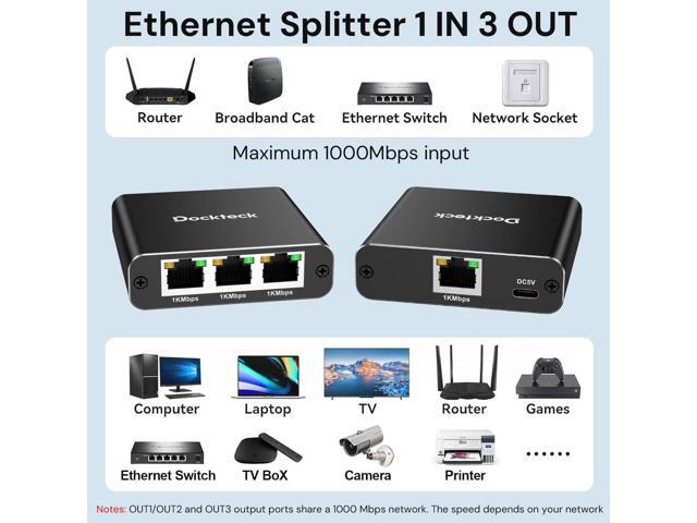Ethernet Splitter 1 to 3 1000Mbps, Dockteck Internet Cable Splitter 1 in 3 Out High Speed Switch Network Gigabit for LAN RJ45 Port Router Switch...
