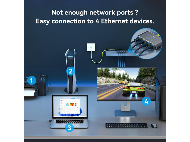 Ethernet Splitter 1 to 4 1000Mbps High Speed Internet Splitter, Gigabit Network Splitter with an Ethernet Cable and a USB Power Cable, 1 in 4 Out...