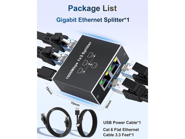 Gigabit Ethernet Splitter 1 to 3, Aluminium LAN Splitter 1000Mbps RJ45 Ethernet Switch Network Splitter with USB C Power Cable for Cat5/5e/6/7/8
