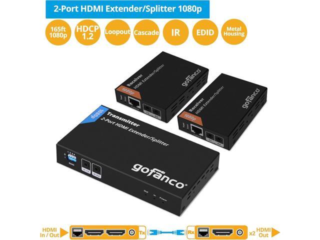 gofanco 1080p 1x2 HDMI Extender Splitter Over CAT5e/6/7 Ethernet Cable - 1080p, Up to 50m/165ft, HDMI Loopout, EDID Management, Bi-Directional IR...