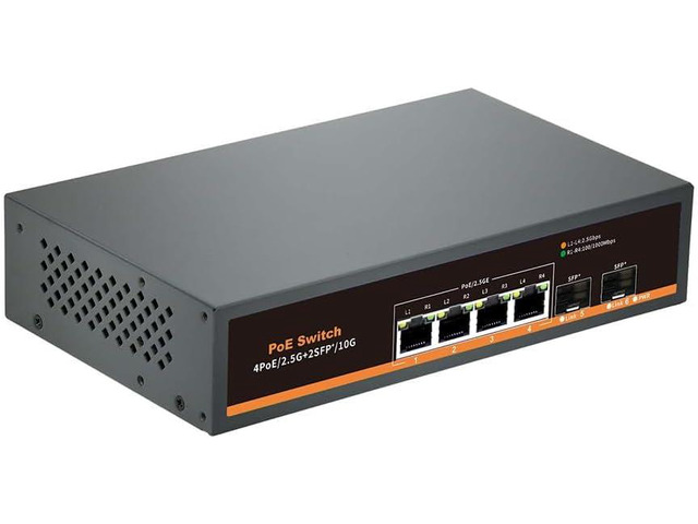 2.5G Unmanaged PoE Switch with 4 x 2.5G Base-T Ports and 2 x 10G SFP Uplink Port, Compatible with 100/1000/2500Mbps, Fanlesss Design, Plug & Play,...