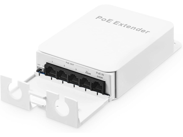 Outdoor PoE Passthrough Switch, 1 POE in 4 POE Extender, IEEE802.3af/at/bt Powered 90W, 100Mbps Ethernet, Wall Mount Waterproof Plug and Play
