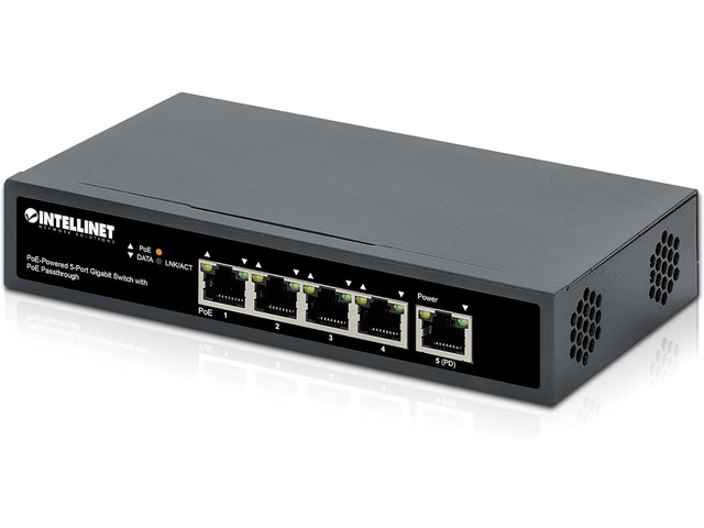 Intellinet PoE++ Powered 5 Port Gigabit Ethernet Switch with PoE Passthrough - 65W Power Budget via AC Power & 95W Power Budget via POE PD, 30W per...