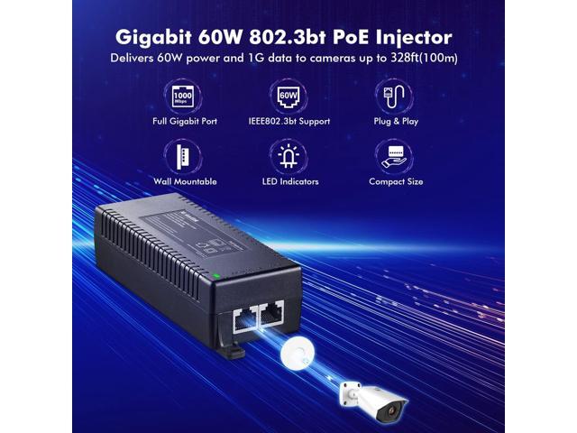 MokerLink Gigabit PoE Injector, 802.3af/at/bt 60W, 10/100/1000Mbps Ethernet, Plug & Play, Distance Up to 100 Meters (328 ft.)