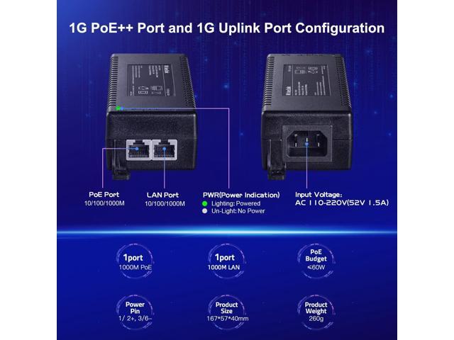MokerLink Gigabit PoE Injector, 802.3af/at/bt 60W, 10/100/1000Mbps Ethernet, Plug & Play, Distance Up to 100 Meters (328 ft.)
