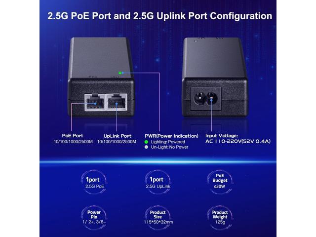 MokerLink 2.5 Gigabit PoE Injector, 802.3af/at 30W, 2.5G/1G/100M Ethernet, Plug & Play, Non-PoE to PoE Adapter, Distance Up to 100 Meters (328 ft.)