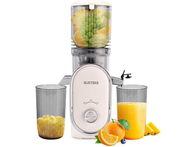 SUSTEAS Cold Press Juicer, 5.3' Feed Chute Slow Masticating Machines with 300W, Fit Whole Fruits & Vegetables, Easy to Clean, High Juice Yield, White