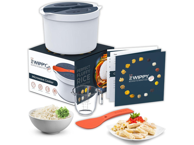 Microwave Rice Cooker Steamer and Pasta Cooker with Strainer - Mess-Free Design, Dishwasher Safe, Cooks Up to 8 Cups