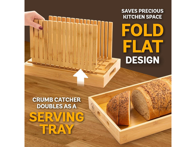 Bread Slicer for Homemade Bread - Bambüsi New Upgrade Bamboo Bread Cutter with Adjustable Width, Foldable Compact Slicing Guide and Crumb Tray -...