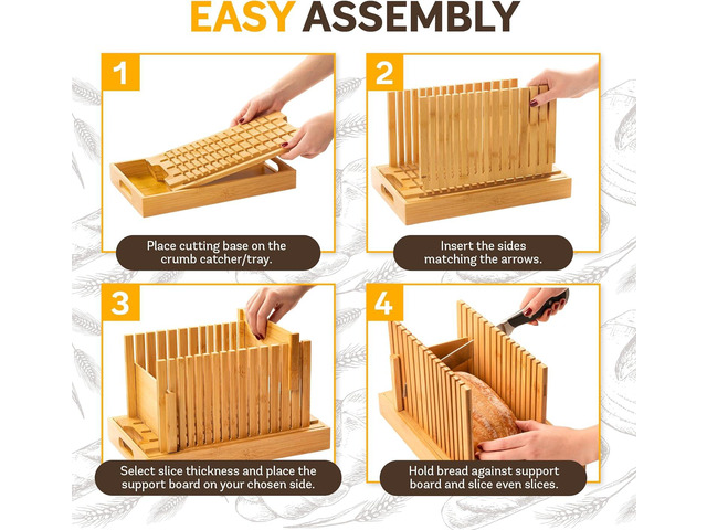 Bread Slicer for Homemade Bread - Bambüsi New Upgrade Bamboo Bread Cutter with Adjustable Width, Foldable Compact Slicing Guide and Crumb Tray -...