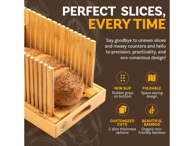 Bread Slicer for Homemade Bread - Bambüsi New Upgrade Bamboo Bread Cutter with Adjustable Width, Foldable Compact Slicing Guide and Crumb Tray -...