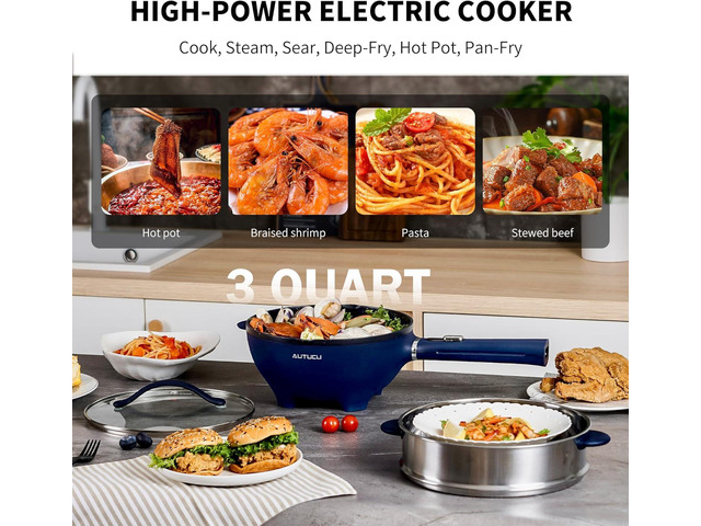 Non-Stick Electric Hot Pot 3-Quart with Steamer & Multi-Cooker Electric Stir Fry Pan & Wok, 1200W for Sizzling Ramen, Soup, Stir-Fry Dorm,...