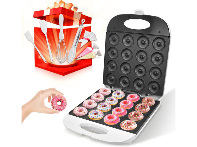 DSP All in One Mini Donut Maker - Non-Stick, Cool Touch Electric Doughnut Machine for 16 Mini Donuts - 1400W Perfect for Breakfast, Snacks & Desserts