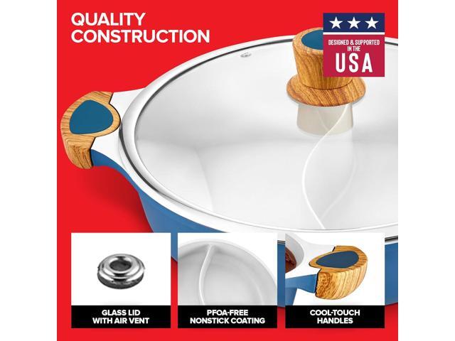 Nonstick Hot Pot with Divider, Blue Shabu Shabu with Silicone Spoons, Divided Cooker for Two Broths, Compatible with Induction, Gas Stove, or Grill