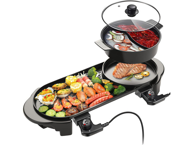 Electric Hot Pot with Grill Indoor Shabu-shabu Hotpot Korean BBQ Grill, Removable Hotpot Pot W/Large Capacity Baking Tray, Smokeless Non-Stick,...
