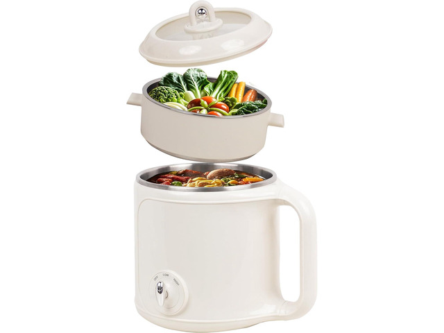 Electric Hot Pot with Steamer: 2.0L Ramen Cooker, Multifunctional Stainless Steel Electric Pot, Portable, Dual Power Adjustment for Dorm, Office,...