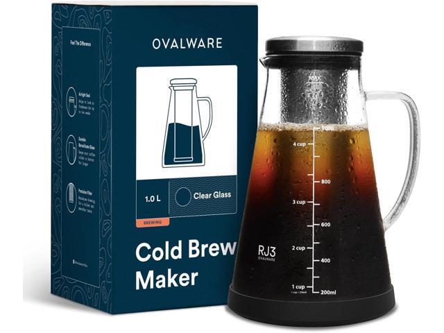 OVALWARE Airtight Cold Brew Iced Coffee Maker Pitcher and Tea Infuser with Spout - 1.0L / 34oz Ovalware RJ3 Brewing Glass Carafe with Removable.