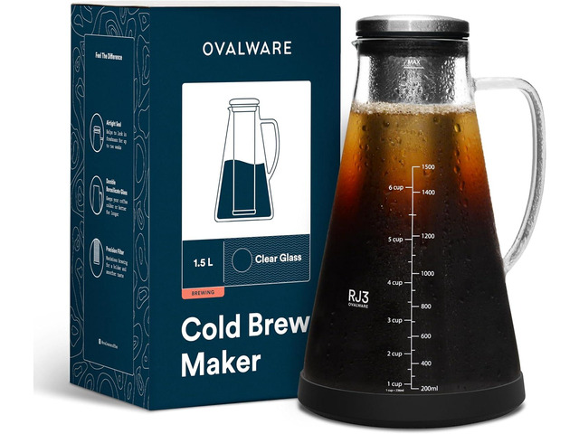 OVALWARE Airtight Cold Brew Iced Coffee Maker Pitcher (& Iced Tea Maker) with Spout 1.5L/ 51oz Brewing Glass Carafe with Removable Stainless Steel...
