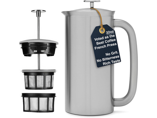 ESPRO P7 French Press Coffee Maker - Double-Walled Stainless Steel Insulated with Micro-Filter, 32 Ounces, Brushed Stainless Steel
