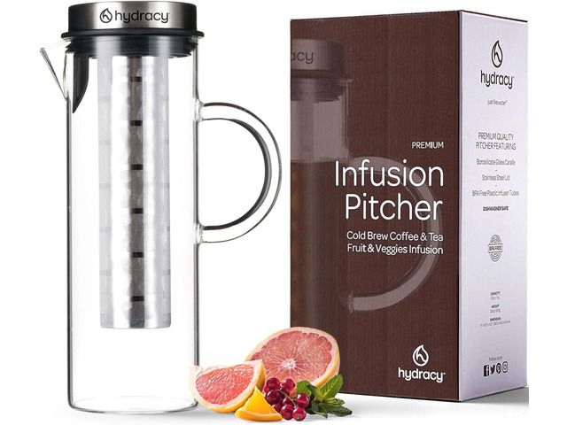 Cold Brew Coffee Maker - Large Glass Infusion Pitcher 1.6 Quarts 52oz - Iced Coffee & Iced Tea Pitcher with Stainless Steel Lid & Fruit Infusion...