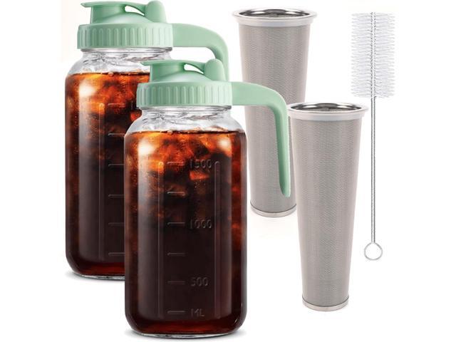 Fermus Set of 2 Cold Brew Coffee Maker, 64oz / 2Quart Glass Pitcher with Stainless Steel Filter and Pour Spout Handle Lid, Mason Jar for Making.