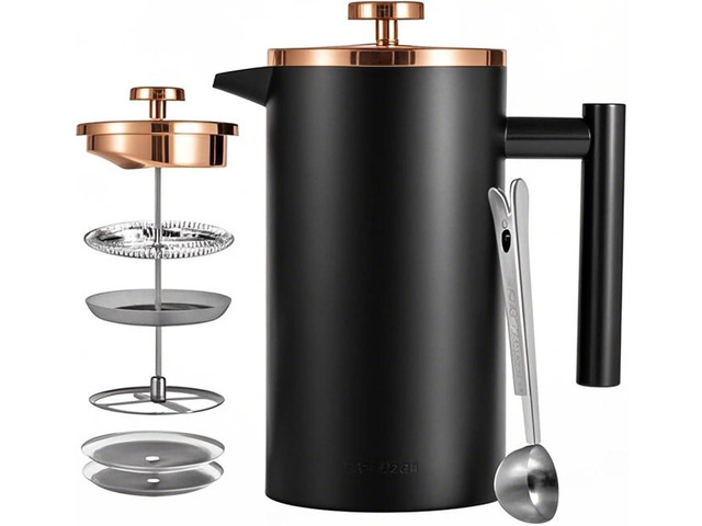 Black French Press Stainless Steel 34oz, Double Wall Insulated Coffee Press 1L for travel camping with 2 Extra Filter Screens and 1 Coffee...