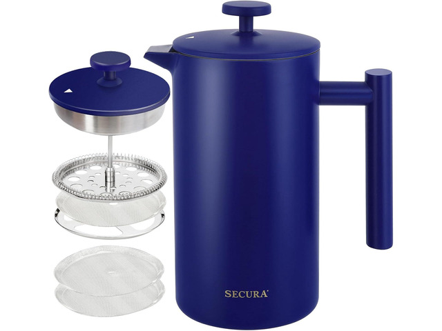 Secura French Press Coffee Maker, Double-Wall 304 Grade Stainless Steel Coffee Press with 2 Extra Screens, 34oz (1L), Blue