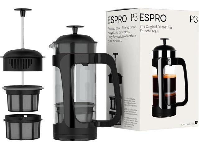 ESPRO - P3 French Press Coffee Maker Patented Double Microfilter for Sludge and Grit Free Coffee, Black, 18 oz