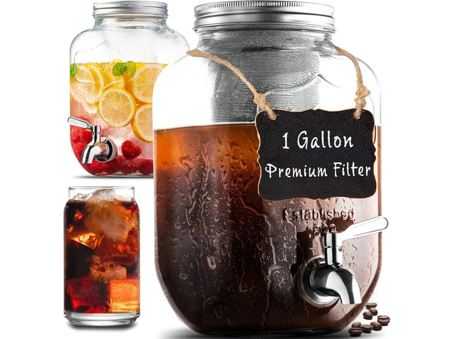 1 Gallon Cold Brew Coffee Maker - 3rd Generation Fine Mesh Filter - Stainless Steel Spigot - Extra Thick Large Glass Mason Jar Drink Dispenser...