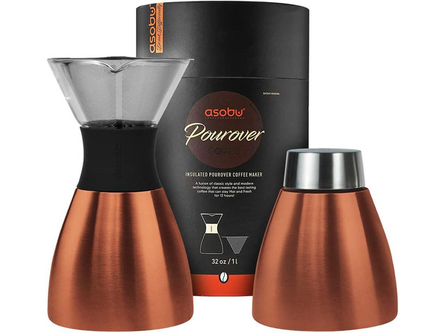 asobu Insulated Pour Over Coffee Maker (32 oz.) Double-Wall Vacuum, Stainless-Steel Filter and Take on the Go Carafe (Copper)
