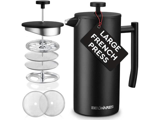 Belwares French Press Coffee Maker 50 OZ - Large Insulated Stainless Steel 304 Coffee Press with Double Wall & 4-Level Filtration System (Black -...