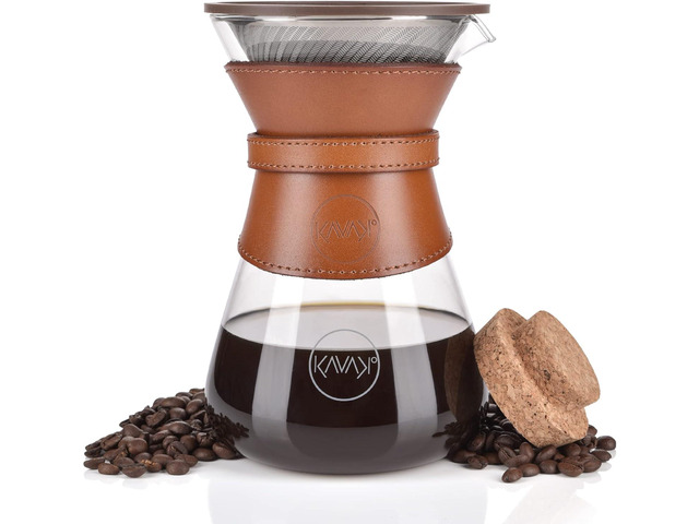 Pour Over Coffee Maker Set with Double-Layer Stainless Steel Filter, Coffee Dripper, Cork Lid and Leather Collar Holder - High Heat Resistance...