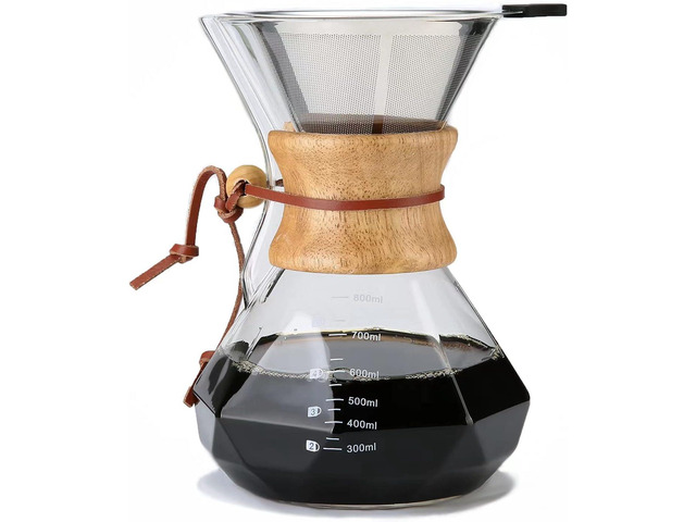 Pour Over Coffee Maker with Reusable Stainless Steel Filter, 27 oz Borosilicate Glass Coffee Carafe, Wooden Collar, Coffee Maker Carafe, Hold 4-6...