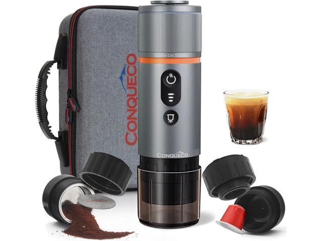 CONQUECO Portable Espresso Machine Travel: 12v Car Coffee Maker with Battery for Camping - Small Electric - 2.5 Mins Heating - Set With Ground.