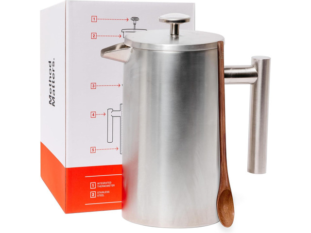 Barista Warrior French Press with Thermometer - Insulated Coffee Press - Stainless Steel Coffee Maker (1.0L, 34 fl oz, Silver)