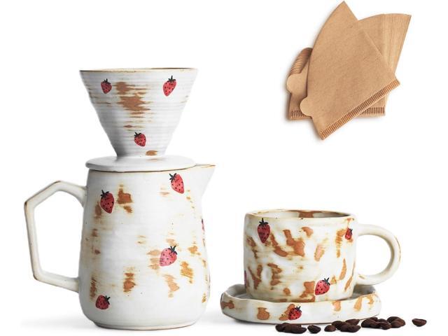 Handcrafted Pour Over Coffee Maker Set with Coffee Cup with Strawberry Pattern 20 Count Paper Filter V60 Drip Coffee Maker 20 oz Coffee Dripper.