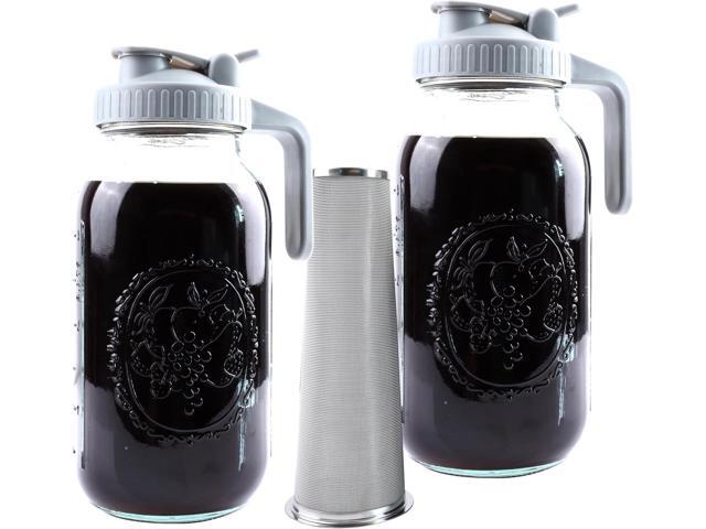 Cold Brew Coffee Maker Glass 64 oz Mason Jar iced tea Pitcher 2 set With Spout Lid Filter 2 Quart Wide Mouth cold Brewing pitcher Half Gallon Water.