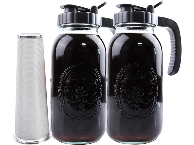 Cold Brew Coffee Maker Half Gallon 2 Set Glass Mason Jar Pitcher With Spout Lid Filter 2 Quart Wide Mouth Iced Tea Brewing Jug Heavy Duty Handle...