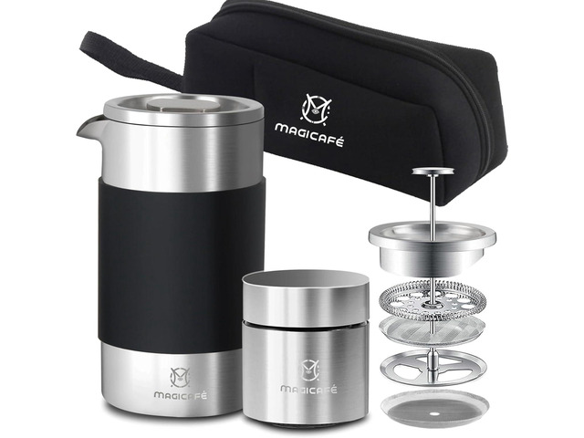 French Press Coffee Maker Set, Portable French Press with Mini Coffee Canister and Collection Bag, Single Serve 1 Cup Small Stainless Steel Double...
