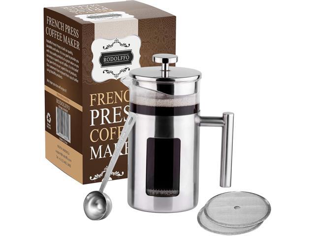 34 Ounce French Press Coffee Maker with Stainless Steel 18/8 frame, 1 Litre Heat Resistant Borosilicate Glass Carafe includes 2 extra French Press.