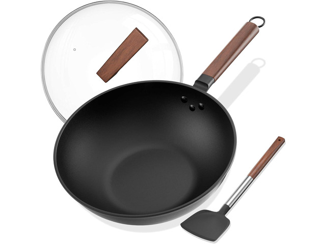 Carbon Steel Wok - Including Glass Cover and Silicone Spatula, 13-Inch Woks & Stir-Fry Pans for Induction, Electric, Gas Stoves