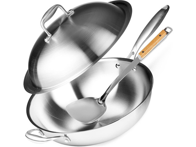 Willow & Everett Stainless Steel Flat Bottom Wok Pan, Professional Traditional Stir Fry Cookware w/Domed Lid & Spatula, Low Maintenance Rust &...