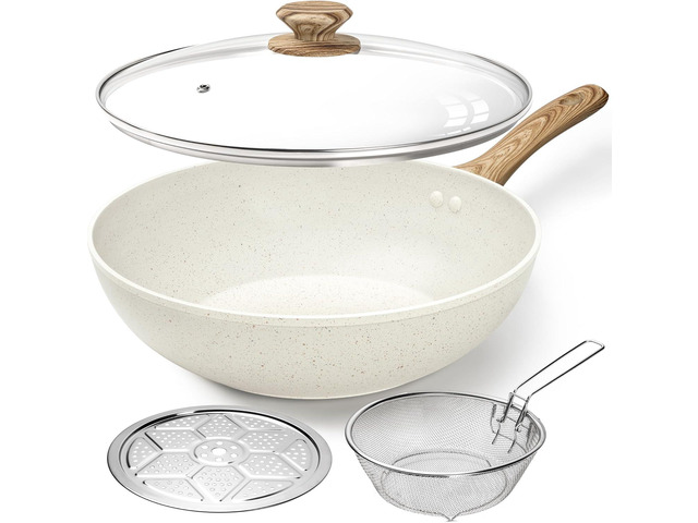 MICHELANGELO 12 Inch Wok Pan with Lid - Woks & Stir-Fry Pans Nonstick Wok with Lid, Stir Fry Pan with Cool-Touch Handle, Induction Wok Set with...